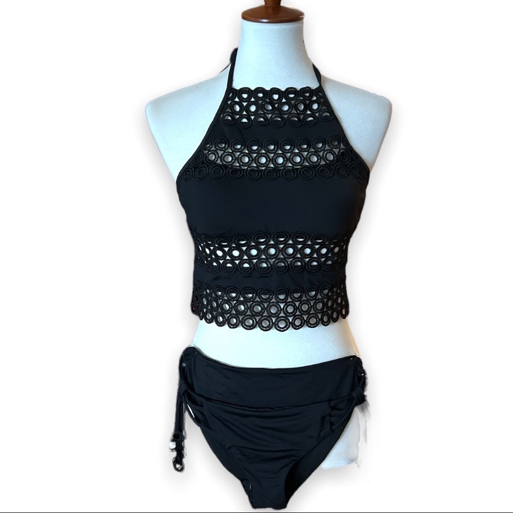 NEW Bikini Black NWOT halter laser embroidered Sz S
-